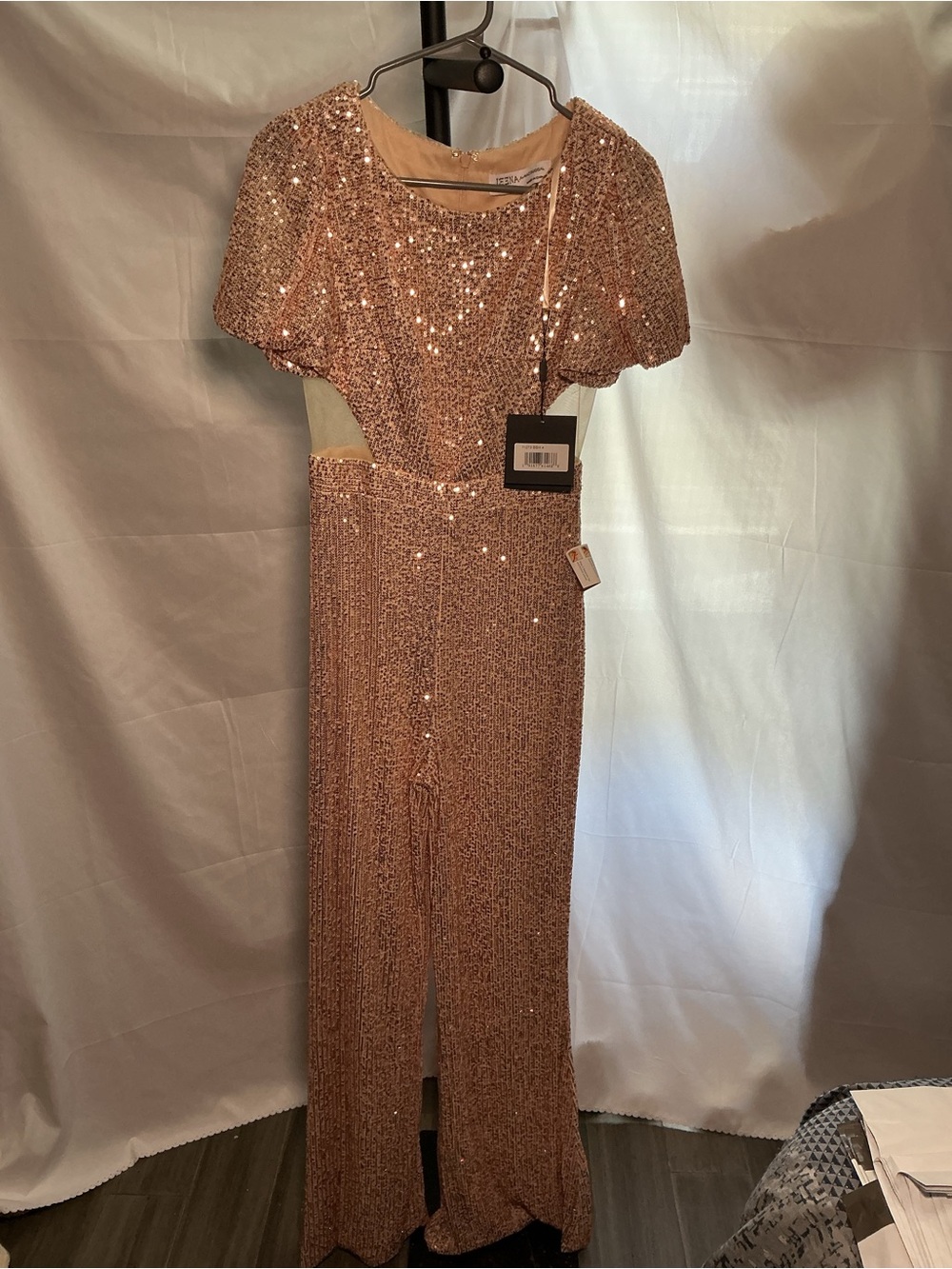 NWT Mac Duggal 11273 Blush Sequin Puff Sleeve Cutout Wide Leg Jumpsuit Size 4